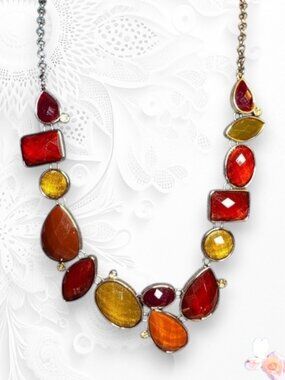 Multicolor Aventurine Glass Statement Necklace Vintage Silver Tone 474